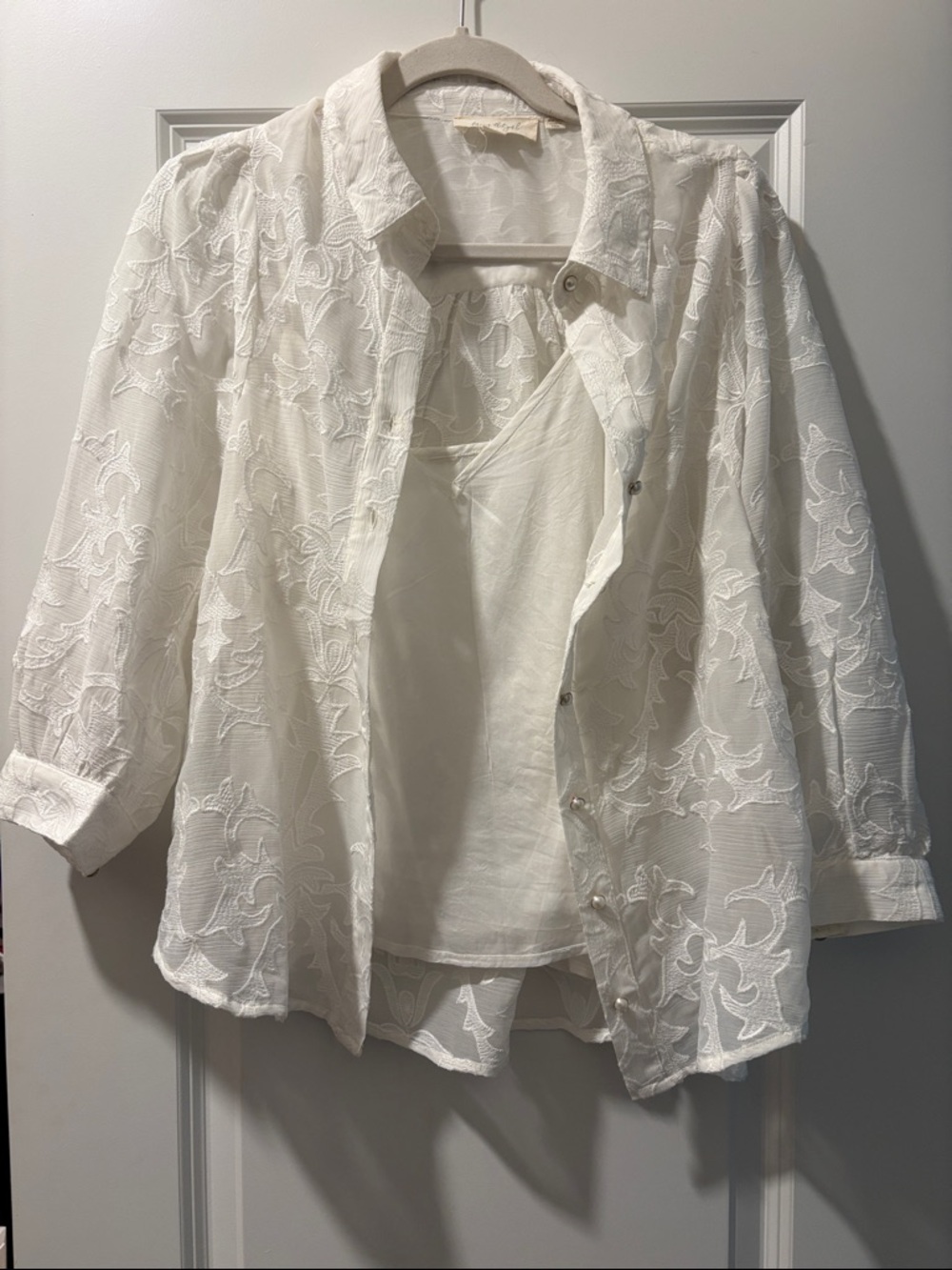 White Embroidered Button-Down Top with Camisole